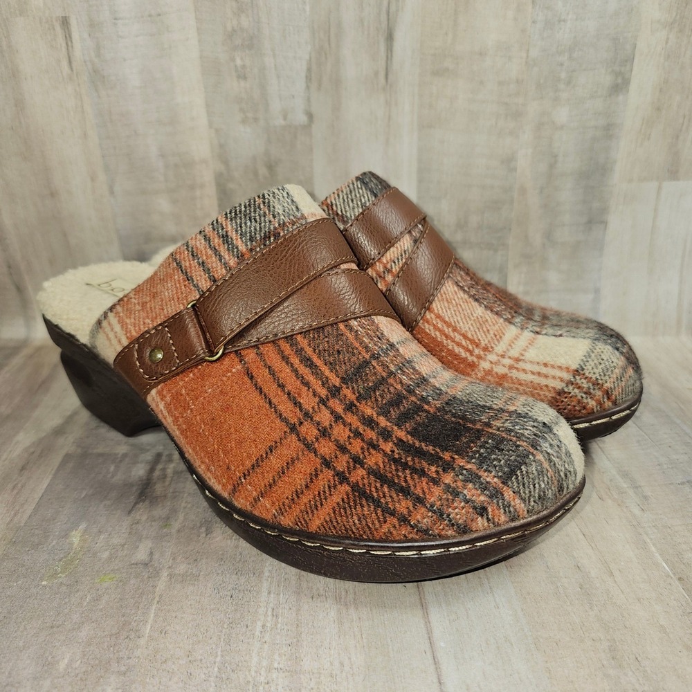 b.o.c.  Plaid Faux Shearling Clogs Orange Brown Mules Womens 10M